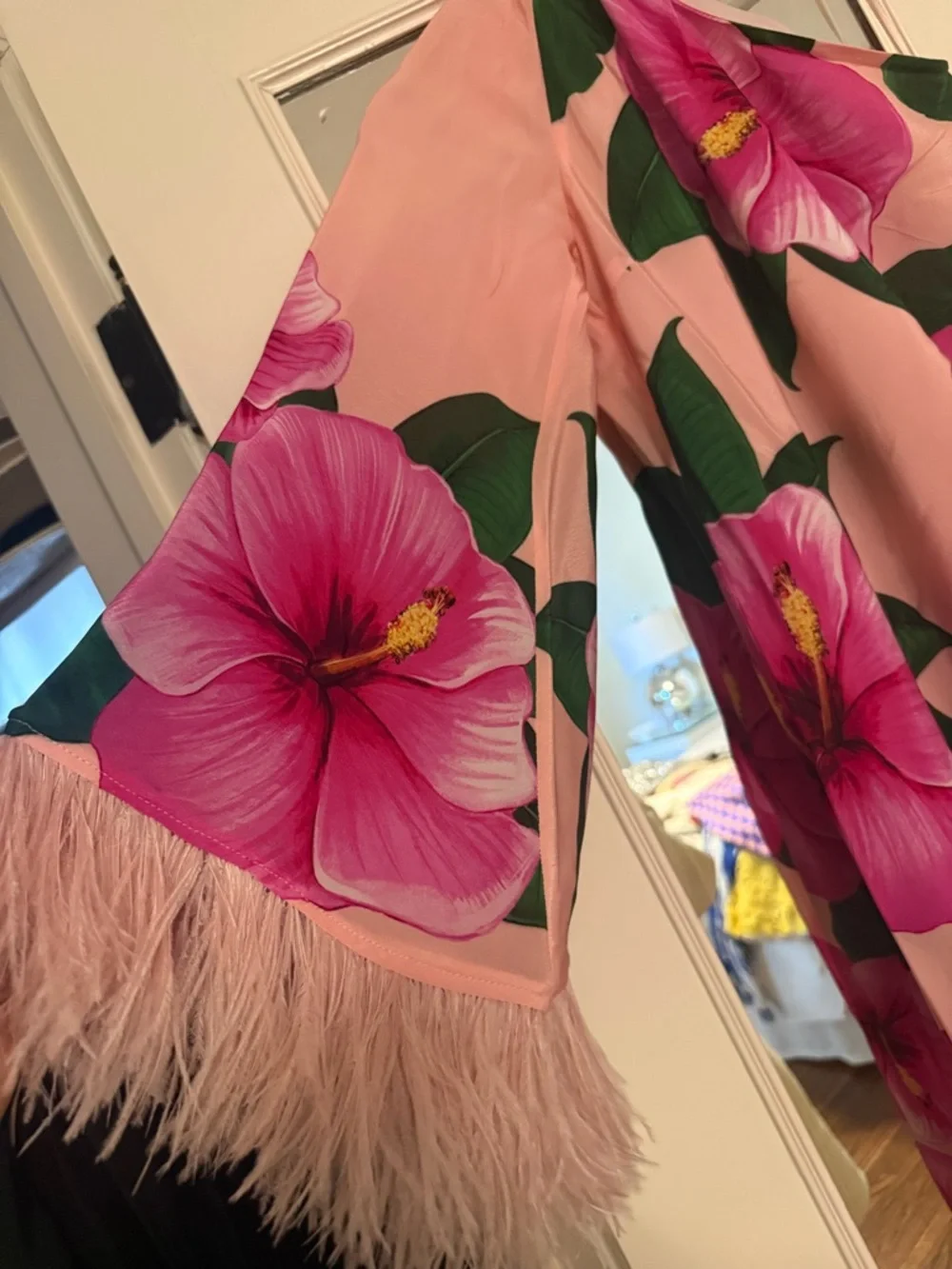 Borgo De Nor One-Shoulder Pink Floral Dress with Green Leaves - Picture 2 of 2